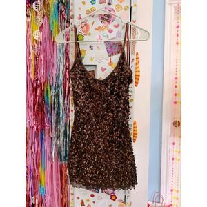 Vintage 90s y2k le Chateau Brown Sequin Beaded Mesh tank top